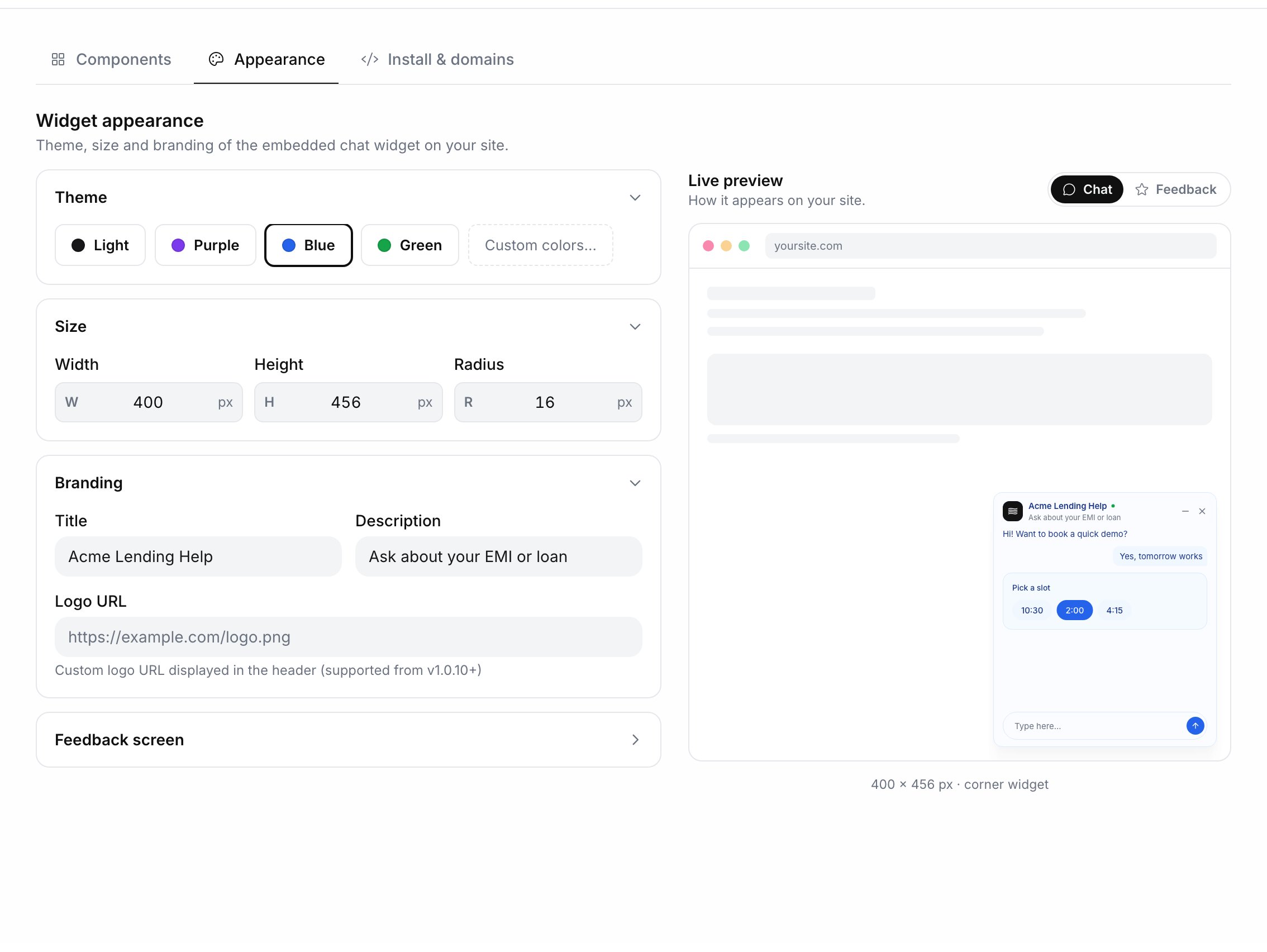 Widget appearance with the Blue theme selected, size 400 by 456 px, radius 16, branding title Acme Lending Help, and a live preview of the chat widget