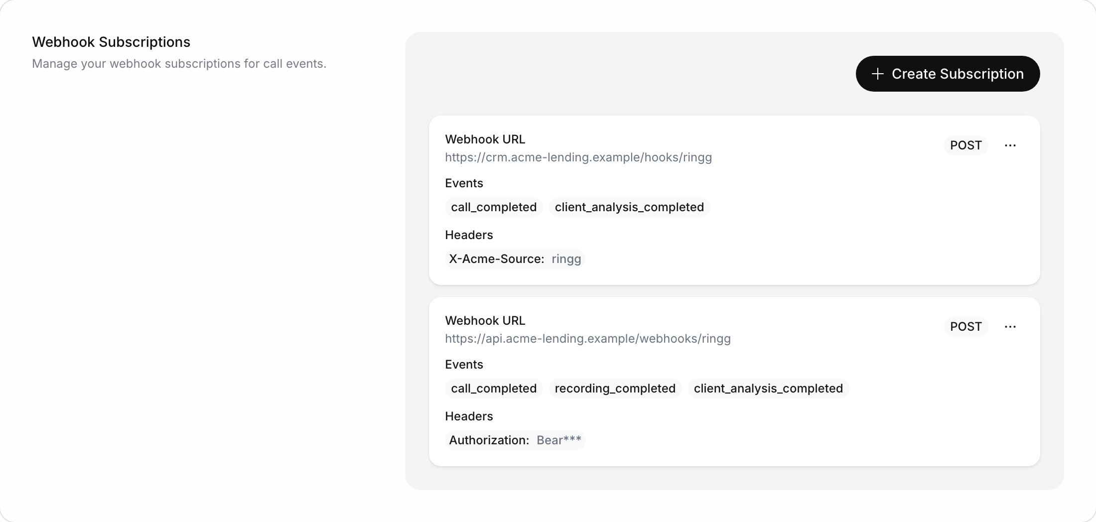 Webhook Subscriptions with two cards, the new one showing POST, its webhook URL, events call_completed, recording_completed and client_analysis_completed, and a masked Authorization header