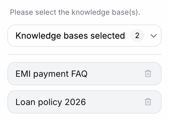 Knowledge Base panel reading Please select the knowledge base(s), a button showing Knowledge bases selected 2, and EMI payment FAQ and Loan policy 2026 listed below with trash icons