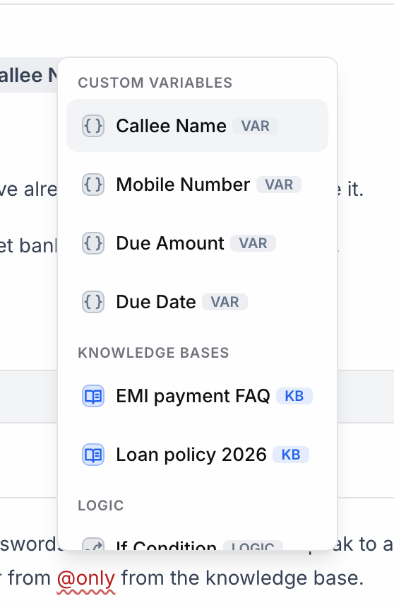 Mention menu with Custom Variables, then a Knowledge Bases group listing EMI payment FAQ and Loan policy 2026, then Logic