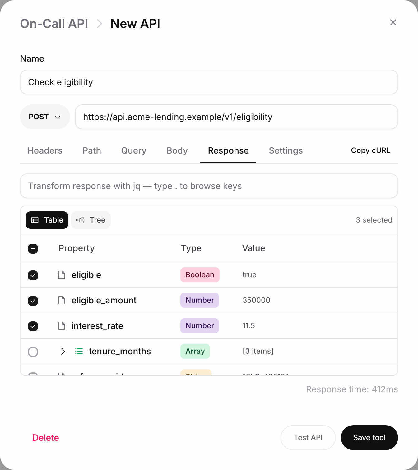 Request editor for the Action node Check eligibility: POST https://api.acme-lending.example/v1/eligibility, Response tab after Test API with eligible, eligible_amount and interest_rate selected as fields to store, response time 412ms
