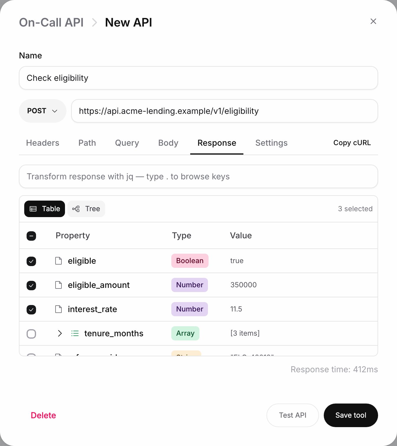 Request editor for the Action node Check eligibility: POST https://api.acme-lending.example/v1/eligibility, Response tab after Test API with eligible, eligible_amount and interest_rate selected as fields to store, response time 412ms