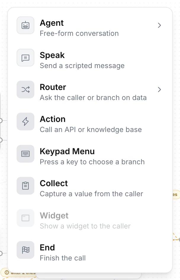 Node picker listing Agent, Speak, Router, Action, Keypad Menu, Collect, Widget (greyed out) and End, each with a one-line description, with the Router submenu offering LLM Router and Logic Router