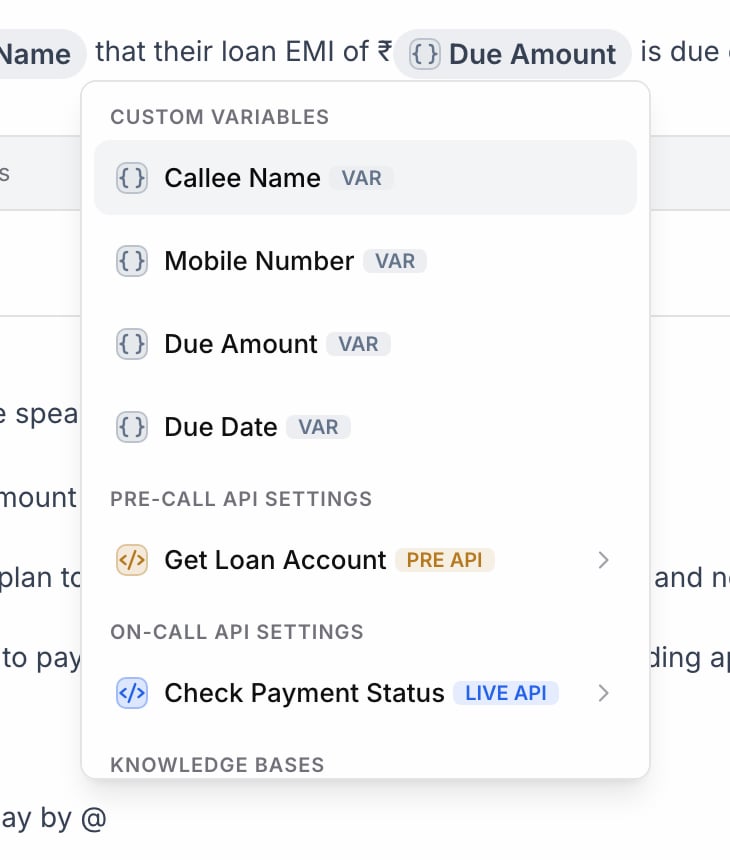 Mention menu opened by typing @, grouped into Custom Variables (Callee Name, Mobile Number, Due Amount, Due Date), Pre-call API settings (Get Loan Account) and On-call API settings (Check Payment Status), with Knowledge Bases below