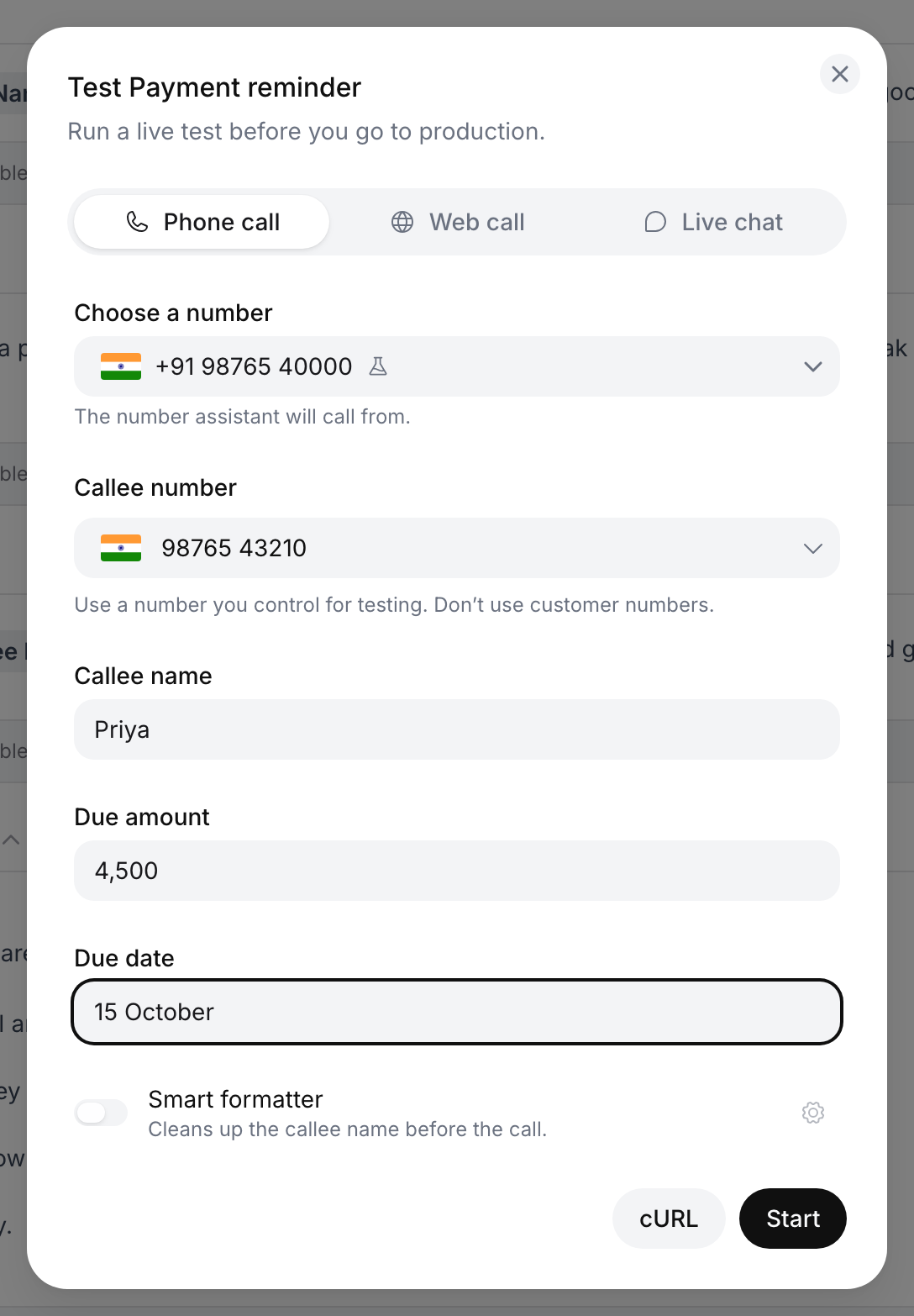 Test Payment reminder dialog on the Phone call tab: caller number +91 98765 40000 (test number), callee number 98765 43210, Callee name Priya, Due amount 4,500, Due date 15 October, Smart formatter off, and the cURL and Start buttons