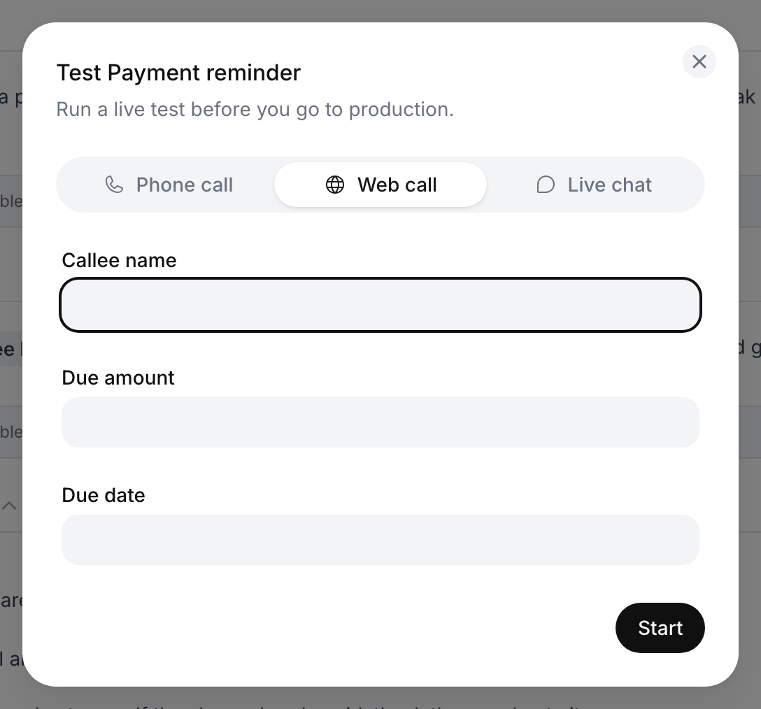 Test dialog on the Web call tab with optional Callee name, Due amount and Due date fields and a Start button
