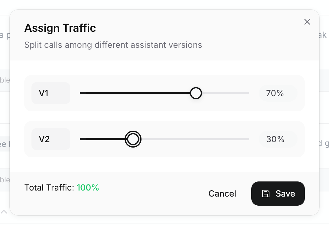 Assign Traffic dialog with V1 set to 70% and V2 set to 30%, Total Traffic 100% in green, and Cancel and Save buttons