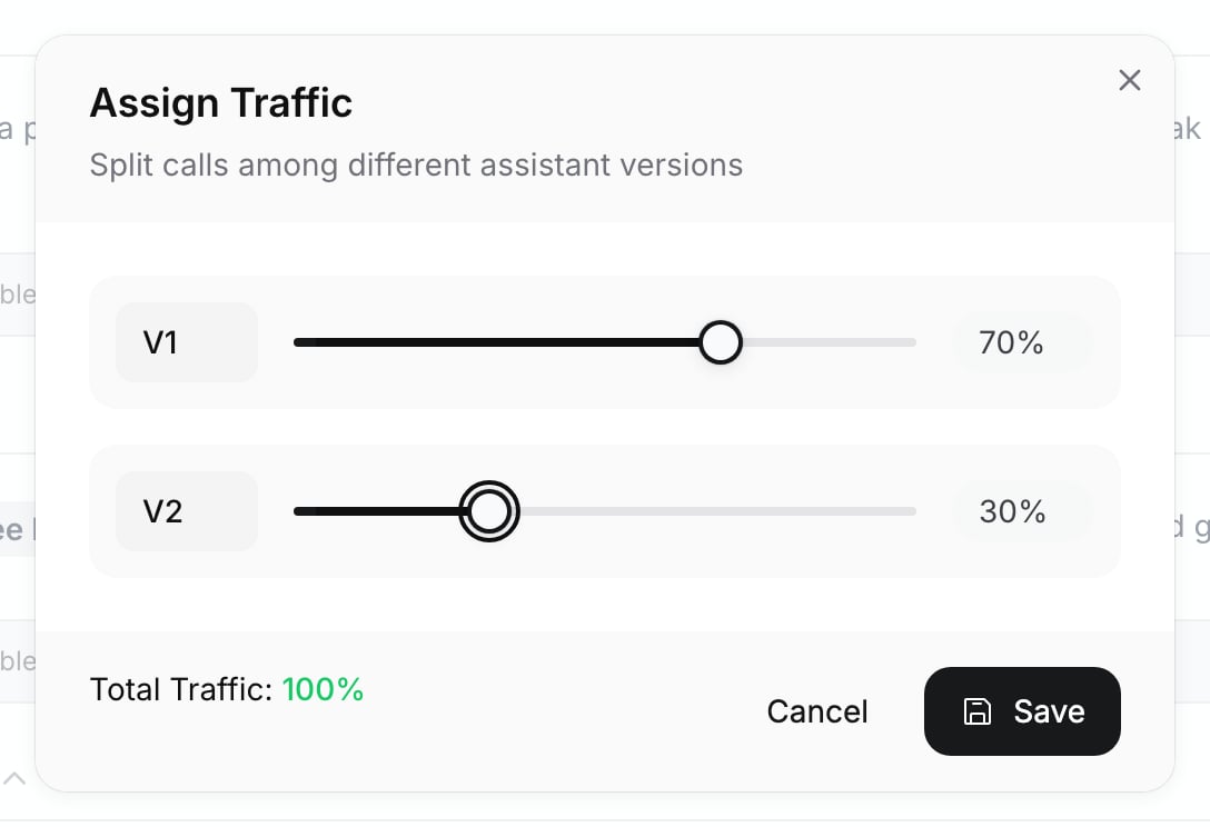 Assign Traffic dialog with V1 set to 70% and V2 set to 30%, Total Traffic 100% in green, and Cancel and Save buttons