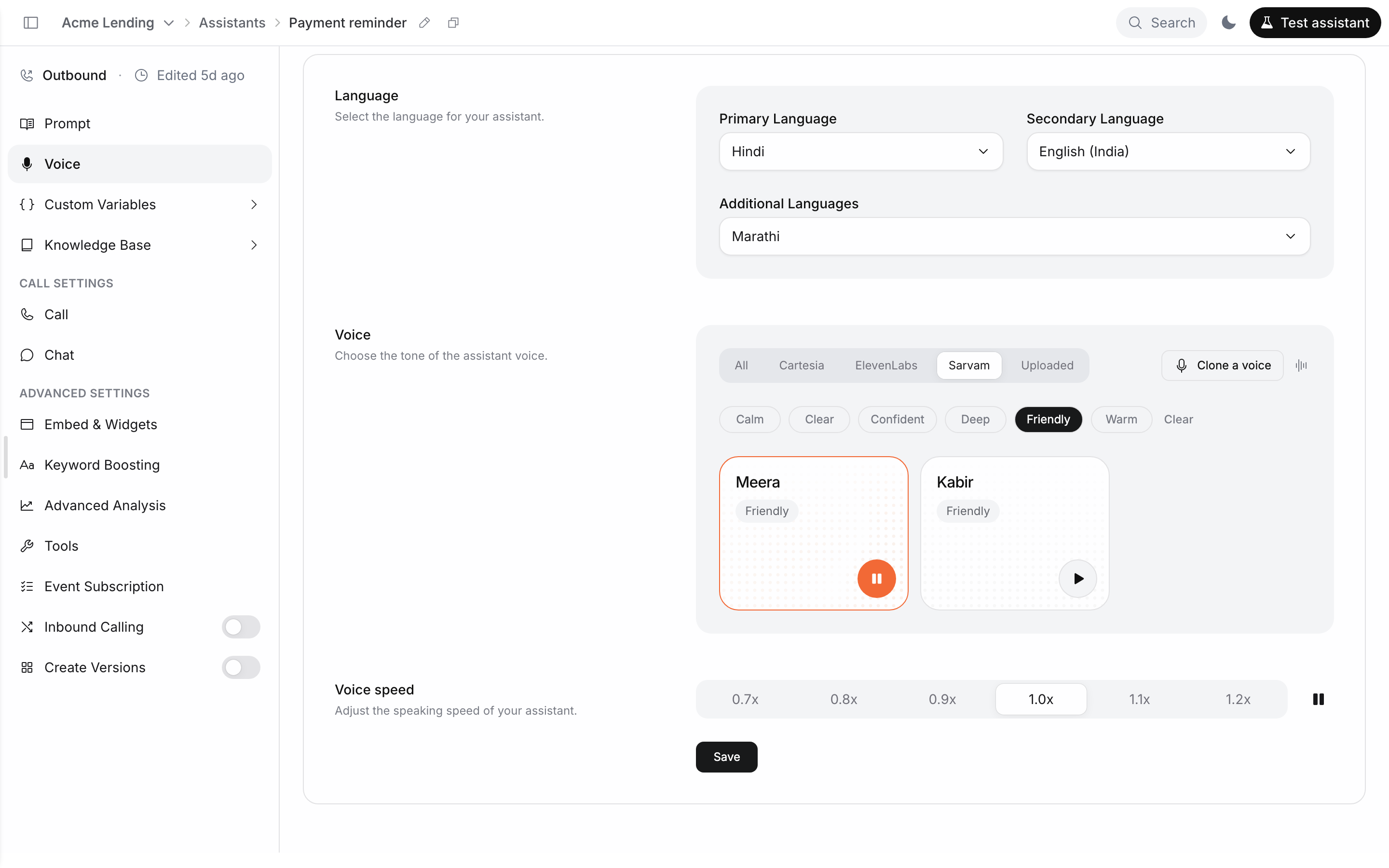 Voice section with Primary Language Hindi and Secondary Language English (India), the Sarvam provider tab and the Friendly tag selected, Meera selected and playing its preview, Kabir beside it, and the Voice speed row with a Save button below