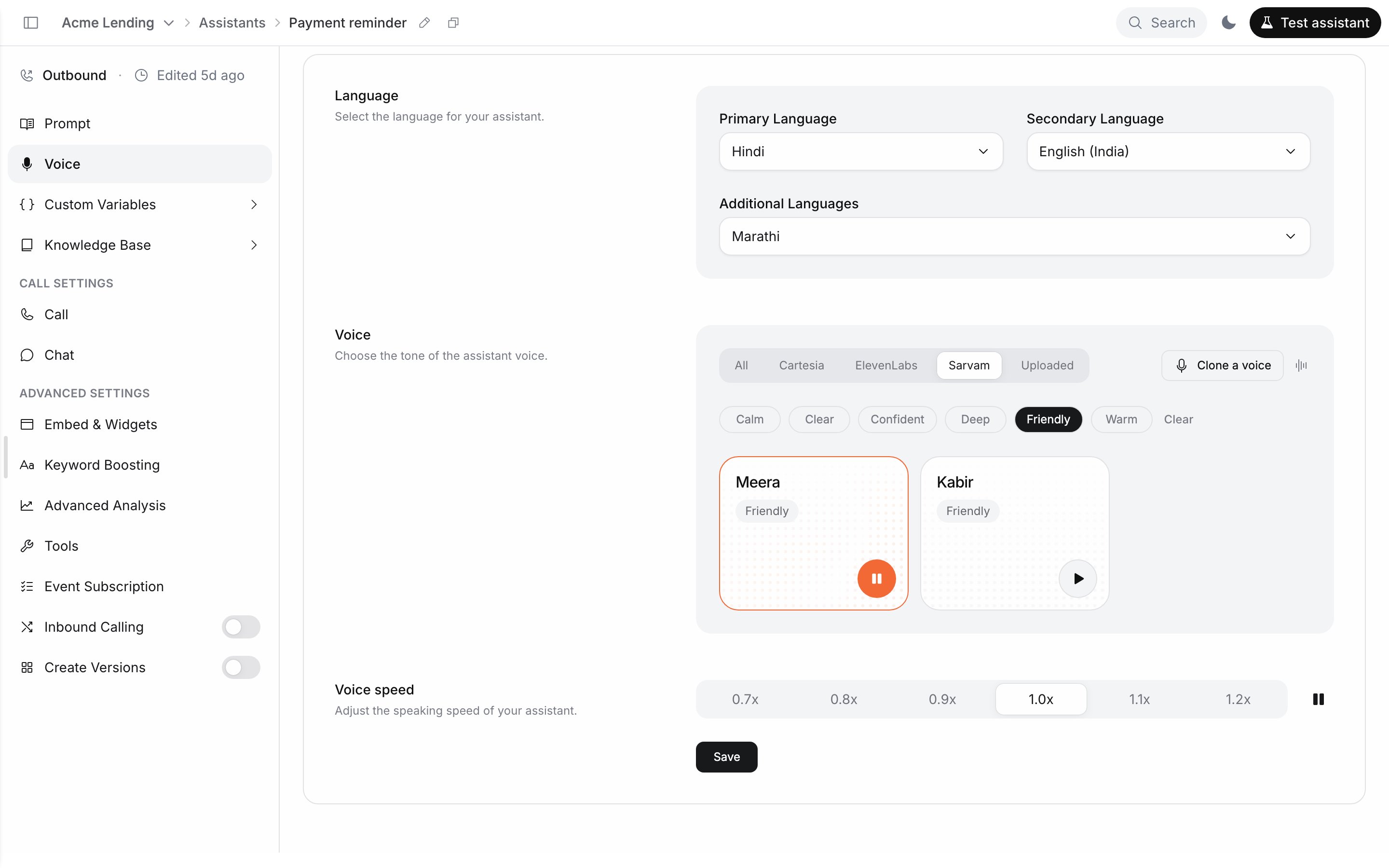 Voice section with Primary Language Hindi and Secondary Language English (India), the Sarvam provider tab and the Friendly tag selected, Meera selected and playing its preview, Kabir beside it, and the Voice speed row with a Save button below