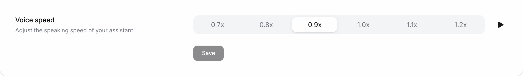 Voice speed row with 0.9x selected among 0.7x to 1.2x, a play button, and the Save button disabled after saving