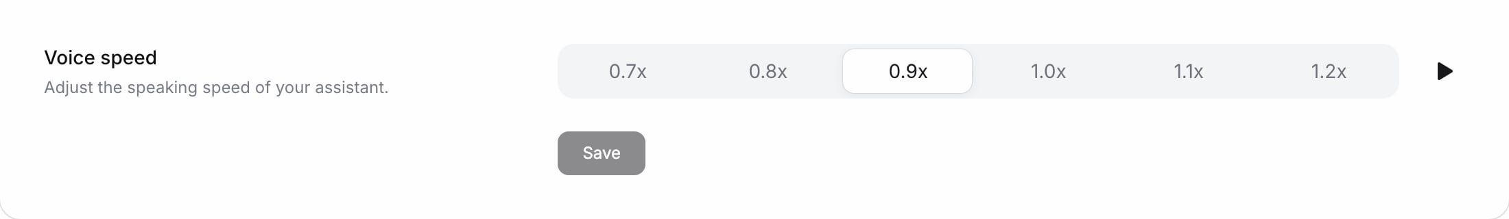 Voice speed row with 0.9x selected among 0.7x to 1.2x, a play button, and the Save button disabled after saving