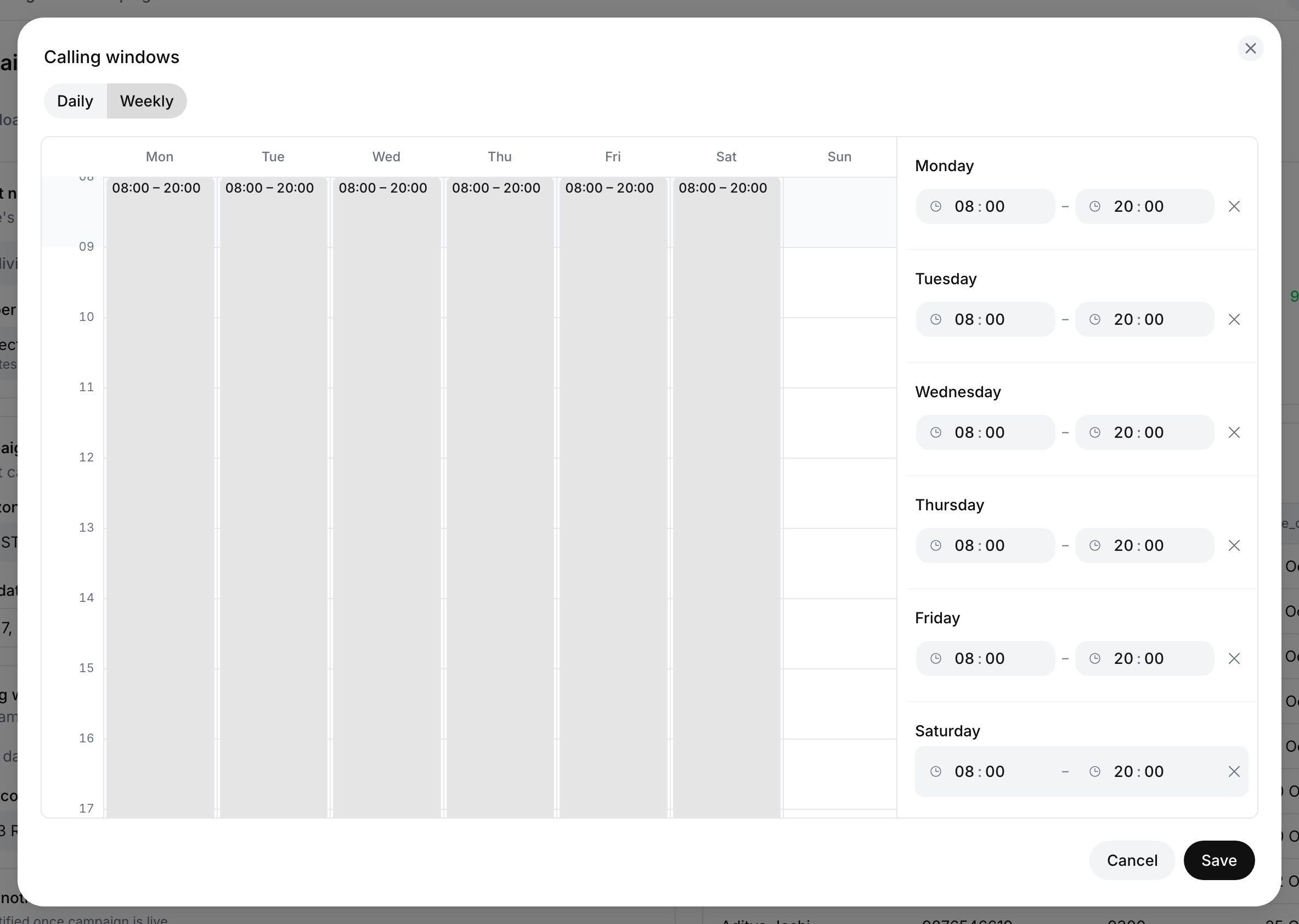 Calling windows dialog in Weekly mode: a calendar with 08:00–20:00 windows Monday to Saturday and none on Sunday, a list of the windows with start and end times on the right, and Cancel and Save buttons