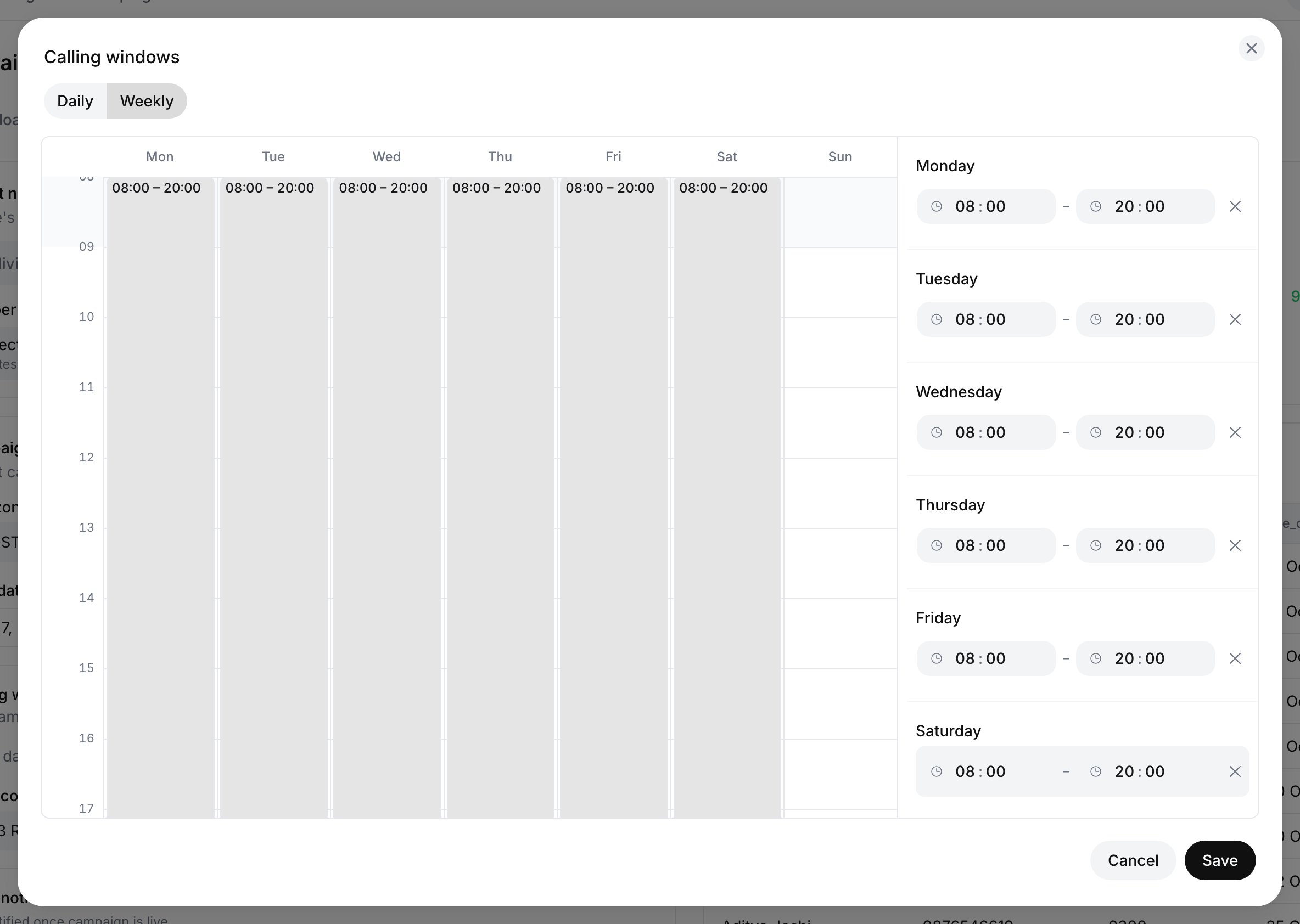 Calling windows dialog in Weekly mode: a calendar with 08:00–20:00 windows Monday to Saturday and none on Sunday, a list of the windows with start and end times on the right, and Cancel and Save buttons