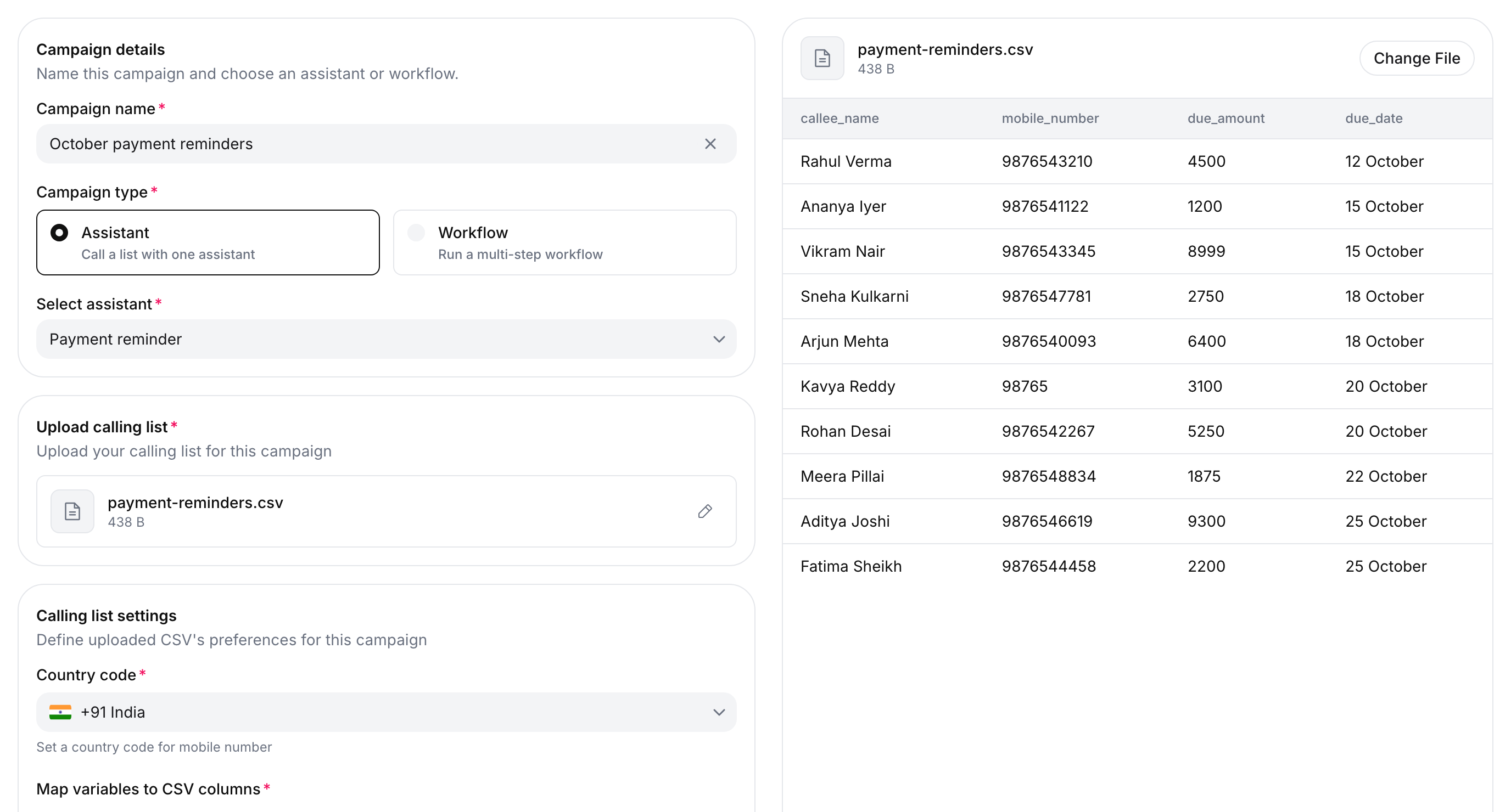 Campaign Setup step 1: Campaign name October payment reminders, Campaign type Assistant, assistant Payment reminder, payment-reminders.csv uploaded, Calling list settings with Country code +91 India, and a preview of the CSV rows on the right