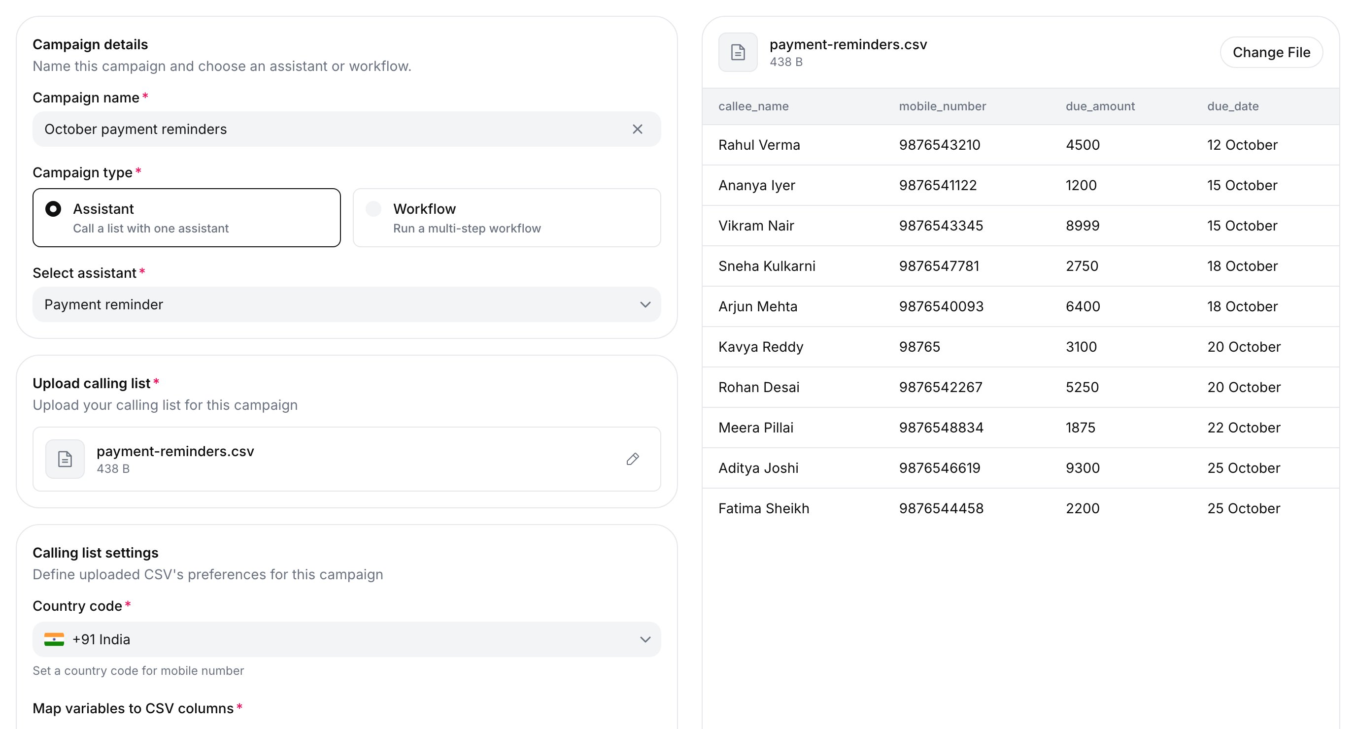 Campaign Setup step 1: Campaign name October payment reminders, Campaign type Assistant, assistant Payment reminder, payment-reminders.csv uploaded, Calling list settings with Country code +91 India, and a preview of the CSV rows on the right