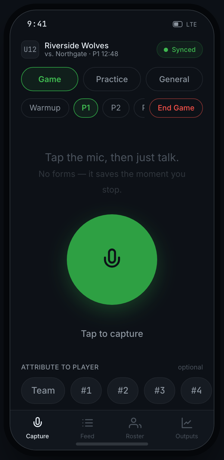 RinkNotes game-mode capture screen for the Riverside Wolves showing the game context, period selector, mic button, and jersey attribution row