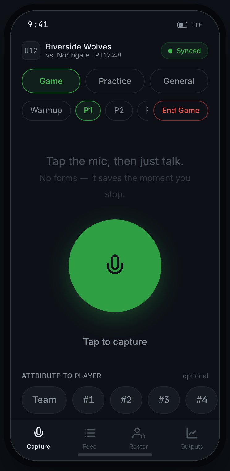 RinkNotes game-mode capture screen for the Riverside Wolves showing the game context, period selector, mic button, and jersey attribution row