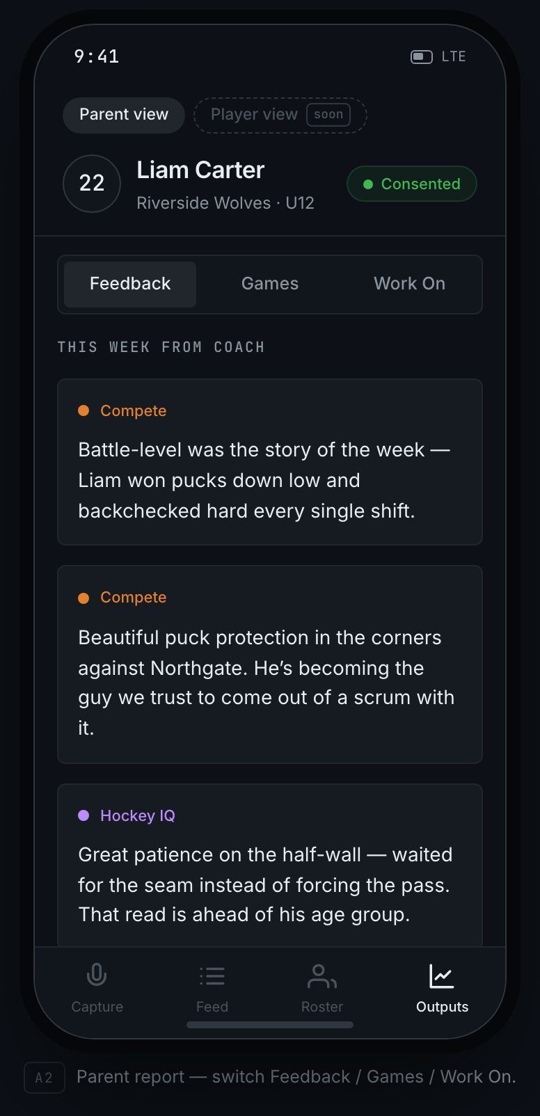 RinkNotes parent page for a Riverside Wolves player, Feedback tab, showing coach development notes tagged by area