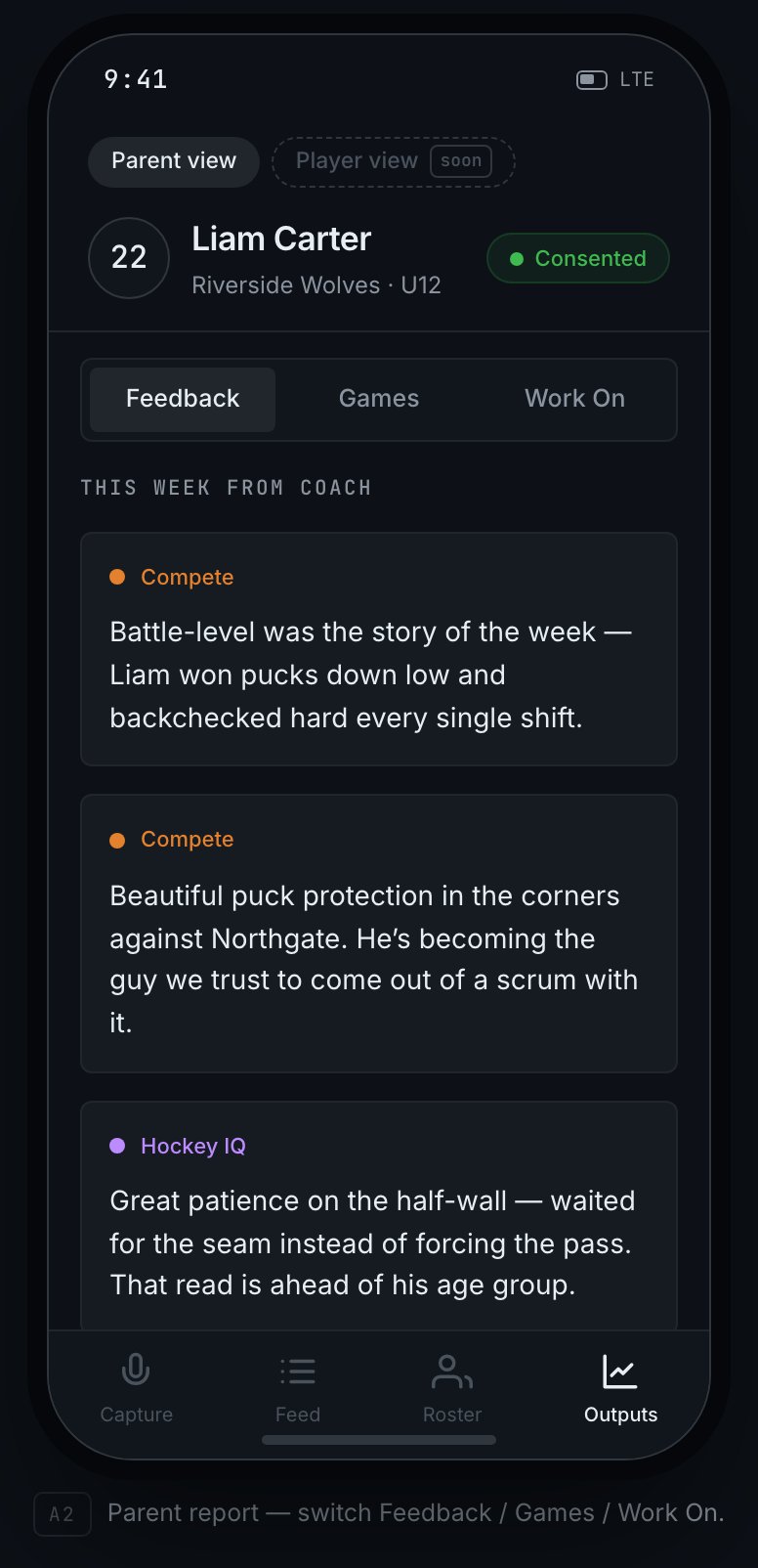 RinkNotes parent page for a Riverside Wolves player, Feedback tab, showing coach development notes tagged by area