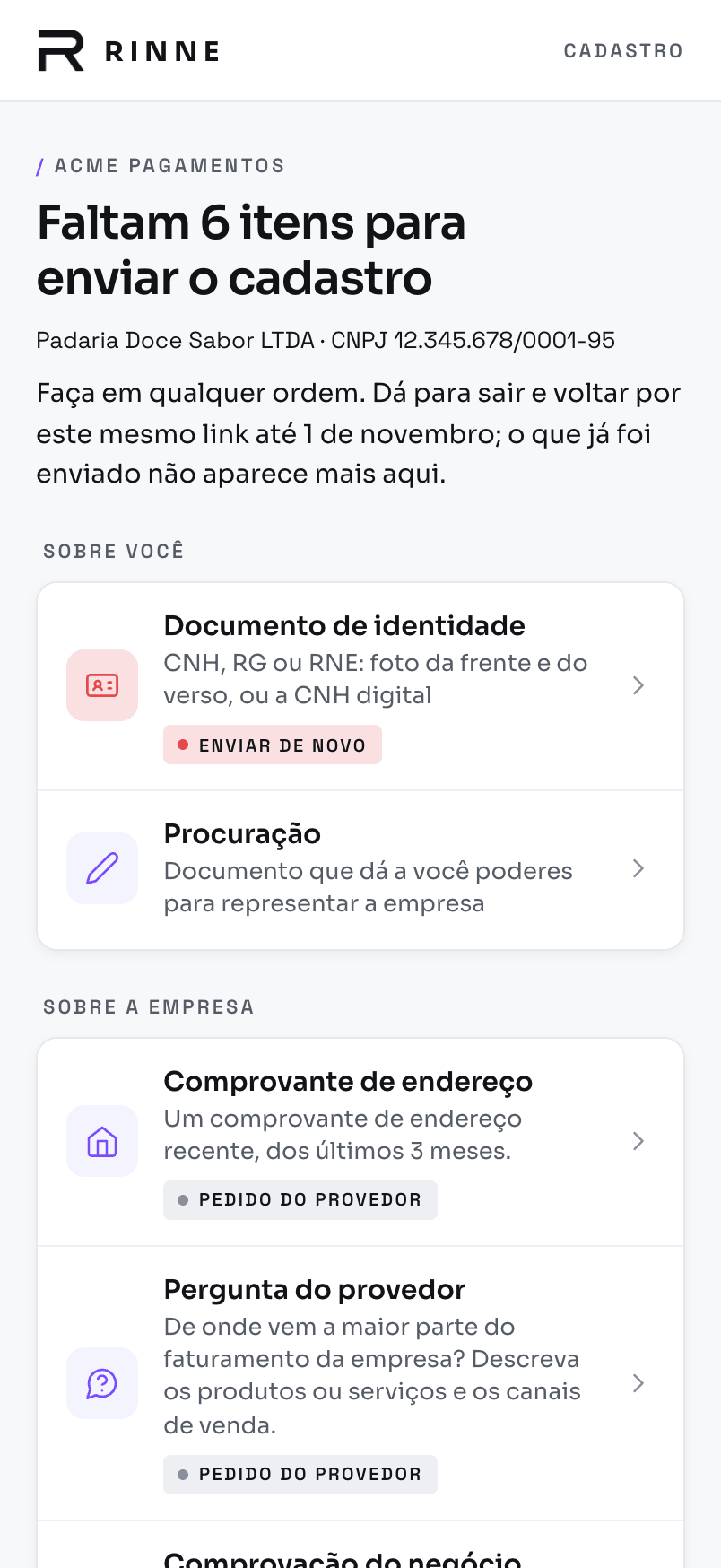 Onboarding link checklist in Portuguese after a provider review: the identity document marked 'Enviar de novo', a power of attorney, and a proof of address and a question about revenue both tagged 'Pedido do provedor'