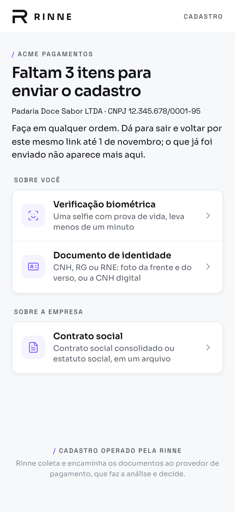 Onboarding link checklist in Portuguese: 'Faltam 3 itens para enviar o cadastro' for Padaria Doce Sabor LTDA, with the biometric verification and identity document under 'Sobre você' and the articles of incorporation under 'Sobre a empresa'