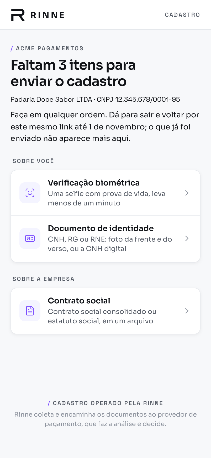 Onboarding link checklist in Portuguese: 'Faltam 3 itens para enviar o cadastro' for Padaria Doce Sabor LTDA, with the biometric verification and identity document under 'Sobre você' and the articles of incorporation under 'Sobre a empresa'