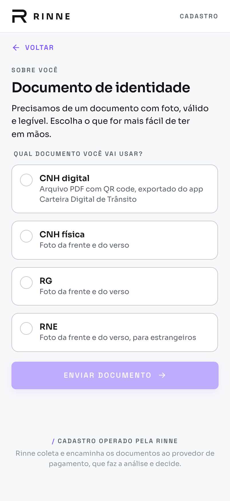 Identity document step in Portuguese: the contact chooses a digital driver's license, a physical driver's license, an RG or an RNE before sending the document