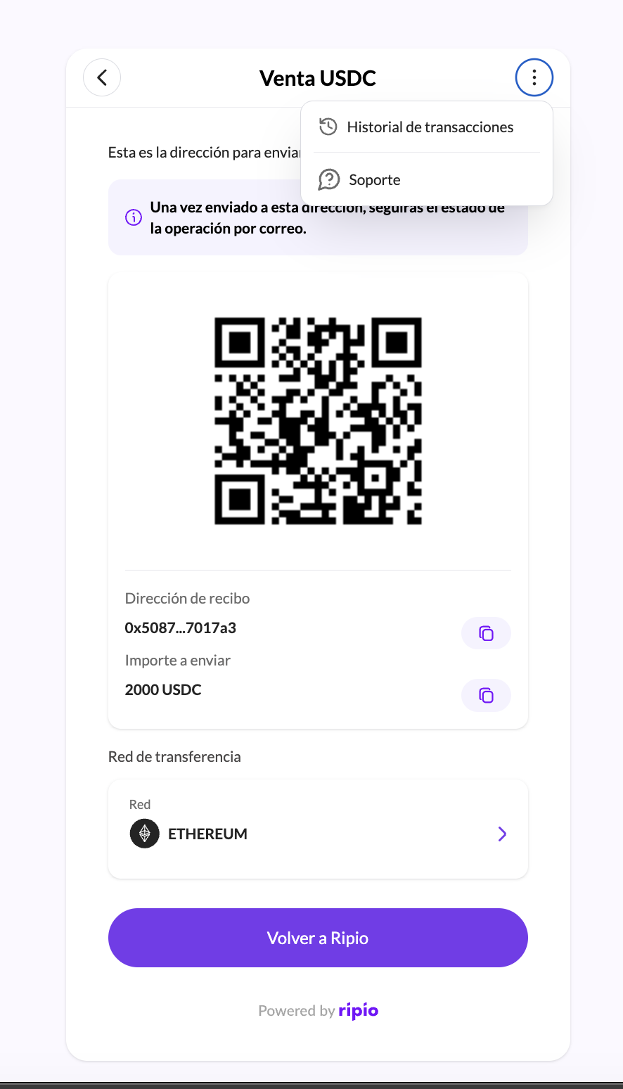 The widget menu open, offering transaction history and support