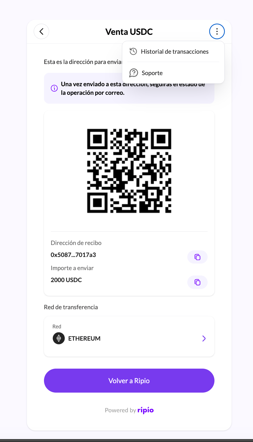 The widget menu open, offering transaction history and support