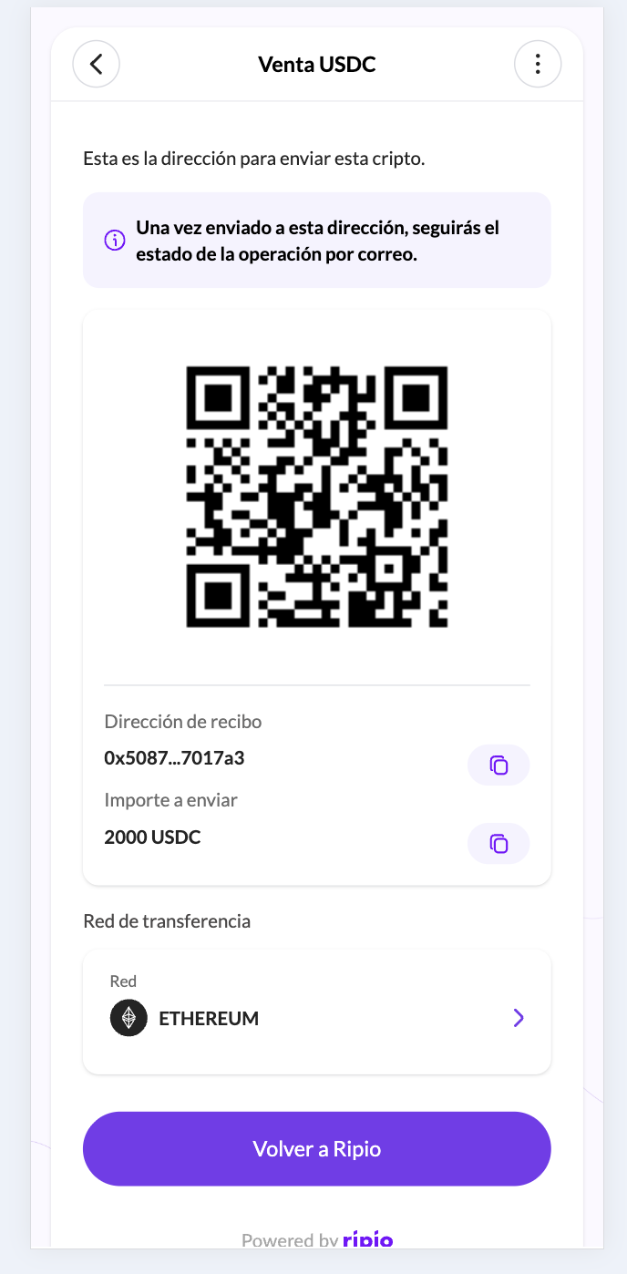 Off-ramp deposit screen with a QR code and the button back to the partner