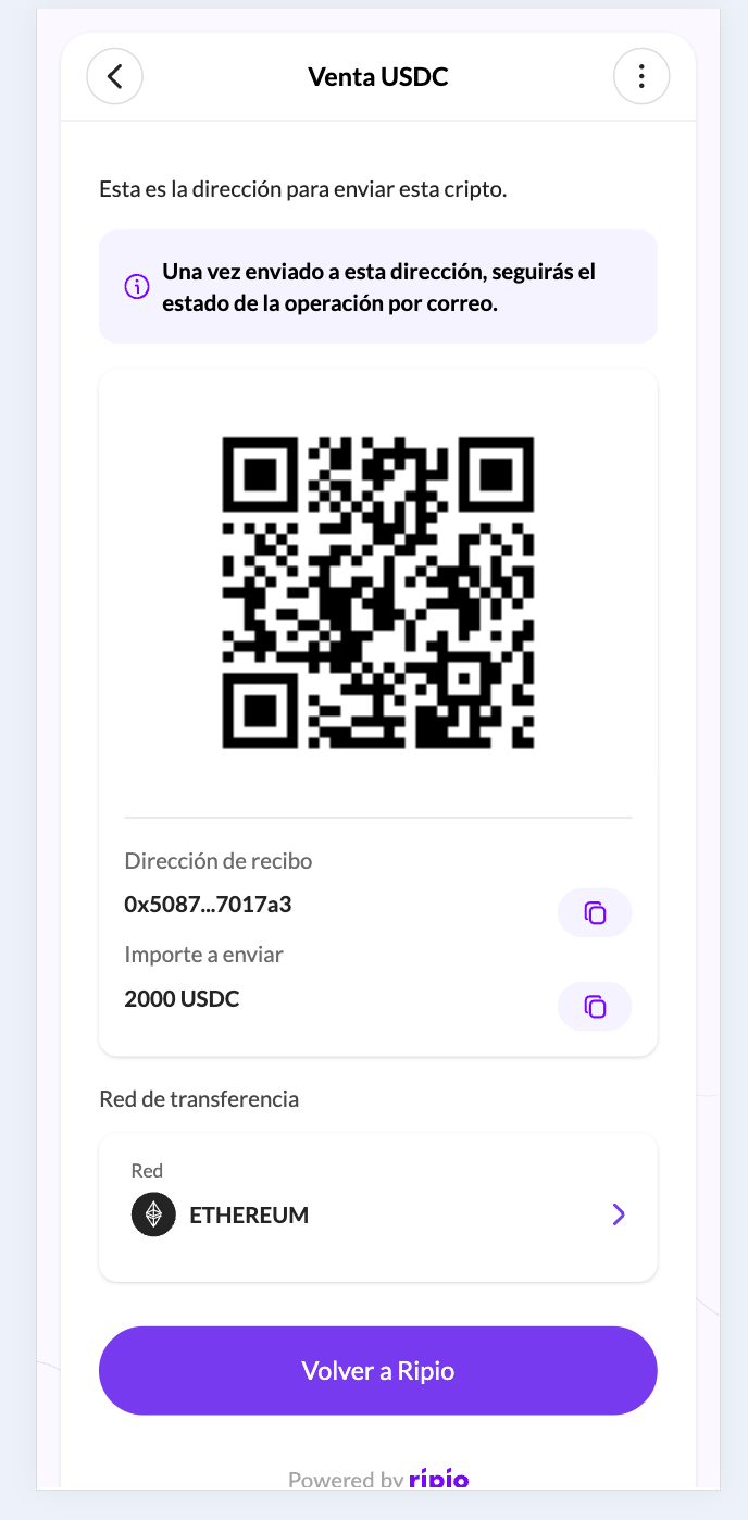 Off-ramp deposit screen with a QR code and the button back to the partner
