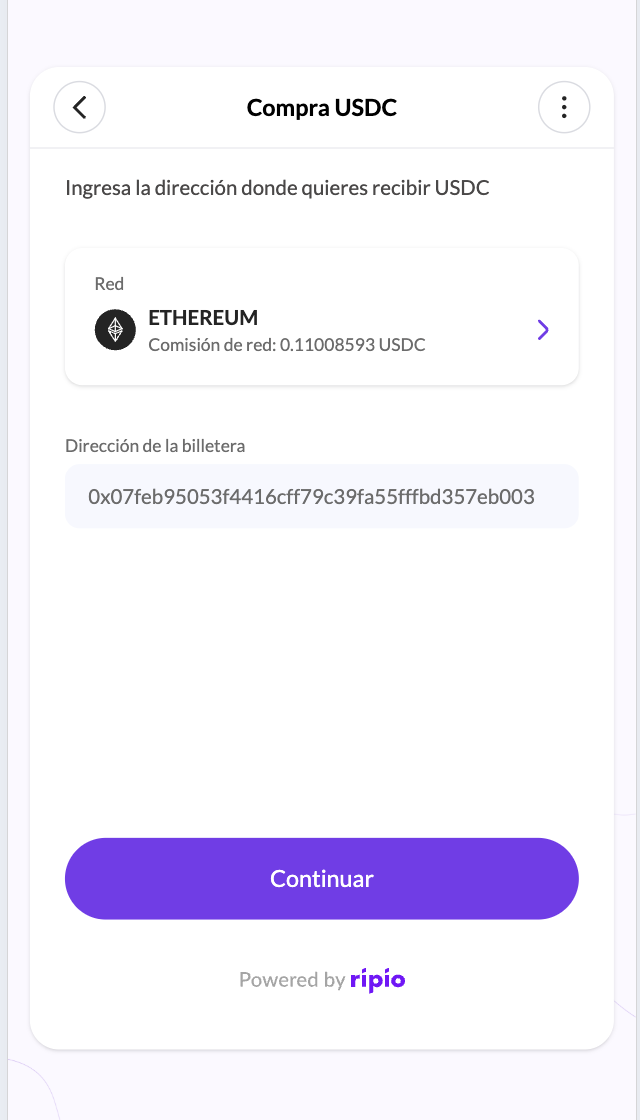 The destination screen with a prefilled, non-editable wallet address