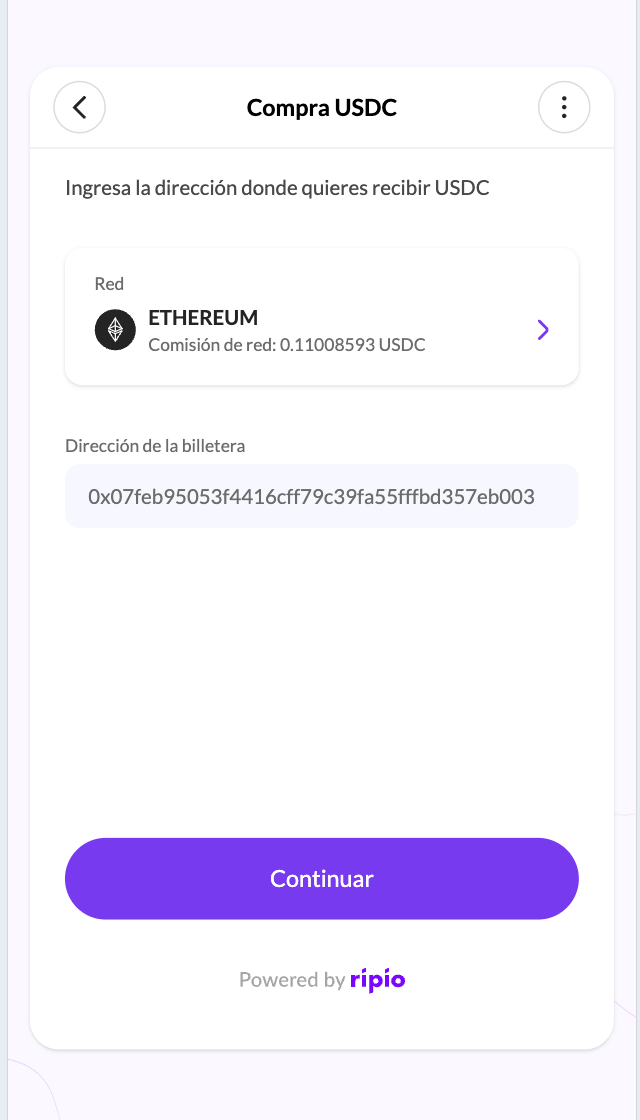 The destination screen with a prefilled, non-editable wallet address