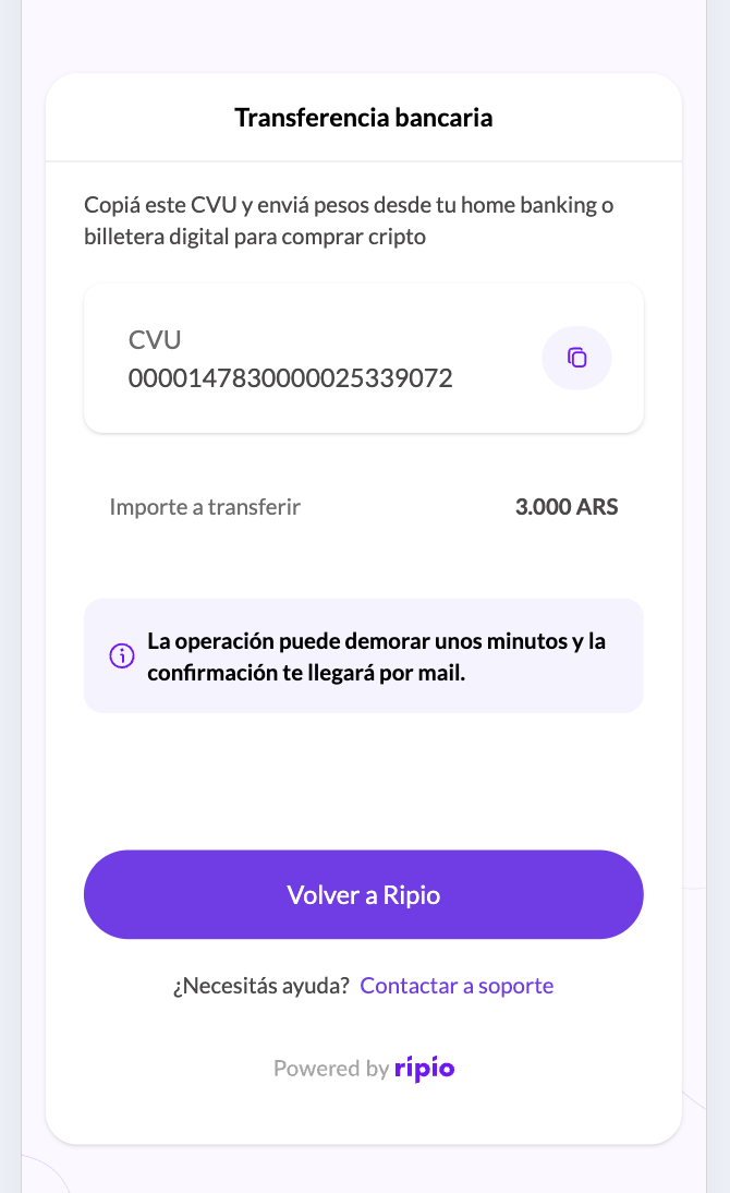 Transfer instructions screen with the button back to the partner