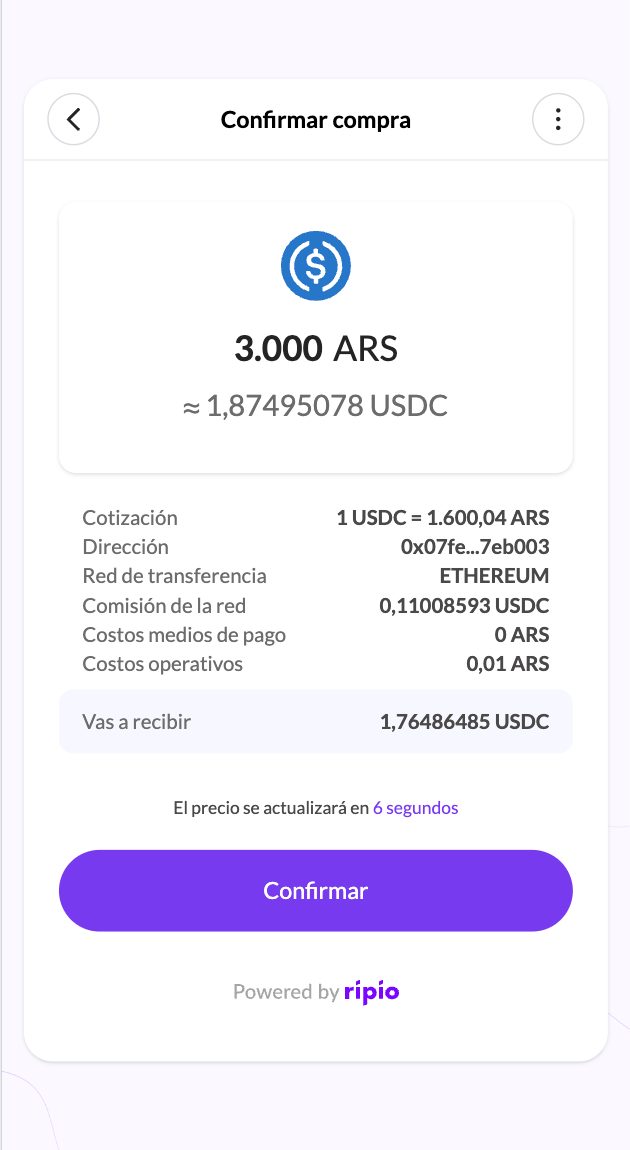 Confirmation screen with the full cost breakdown