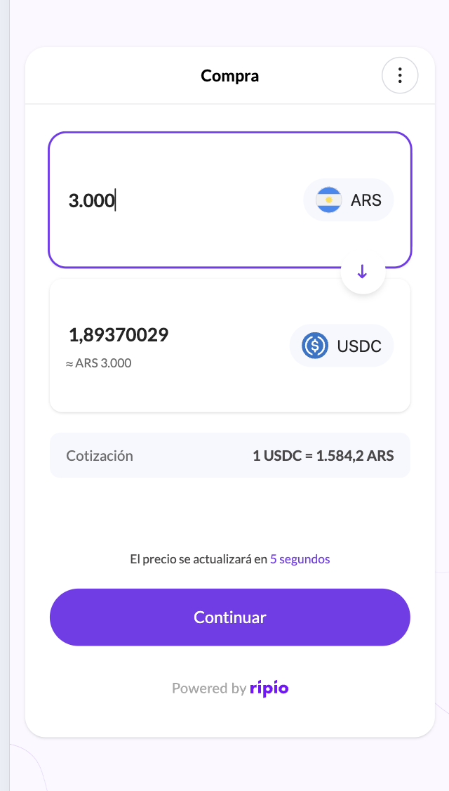 Amount entry showing the quote and the countdown to the next refresh