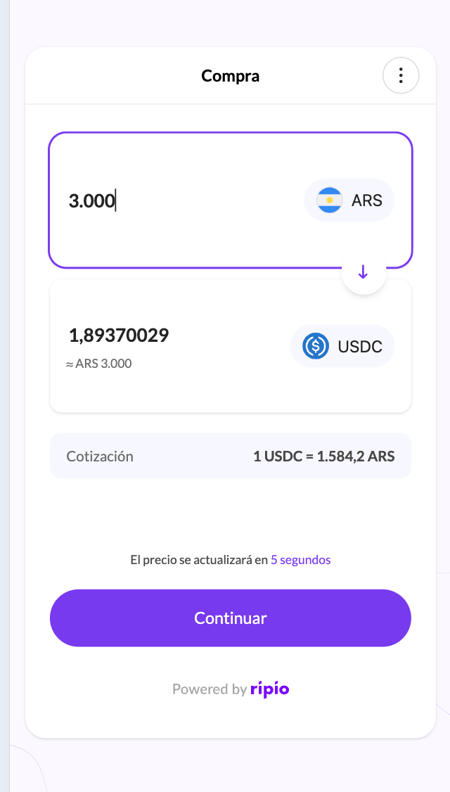 Amount entry showing the quote and the countdown to the next refresh