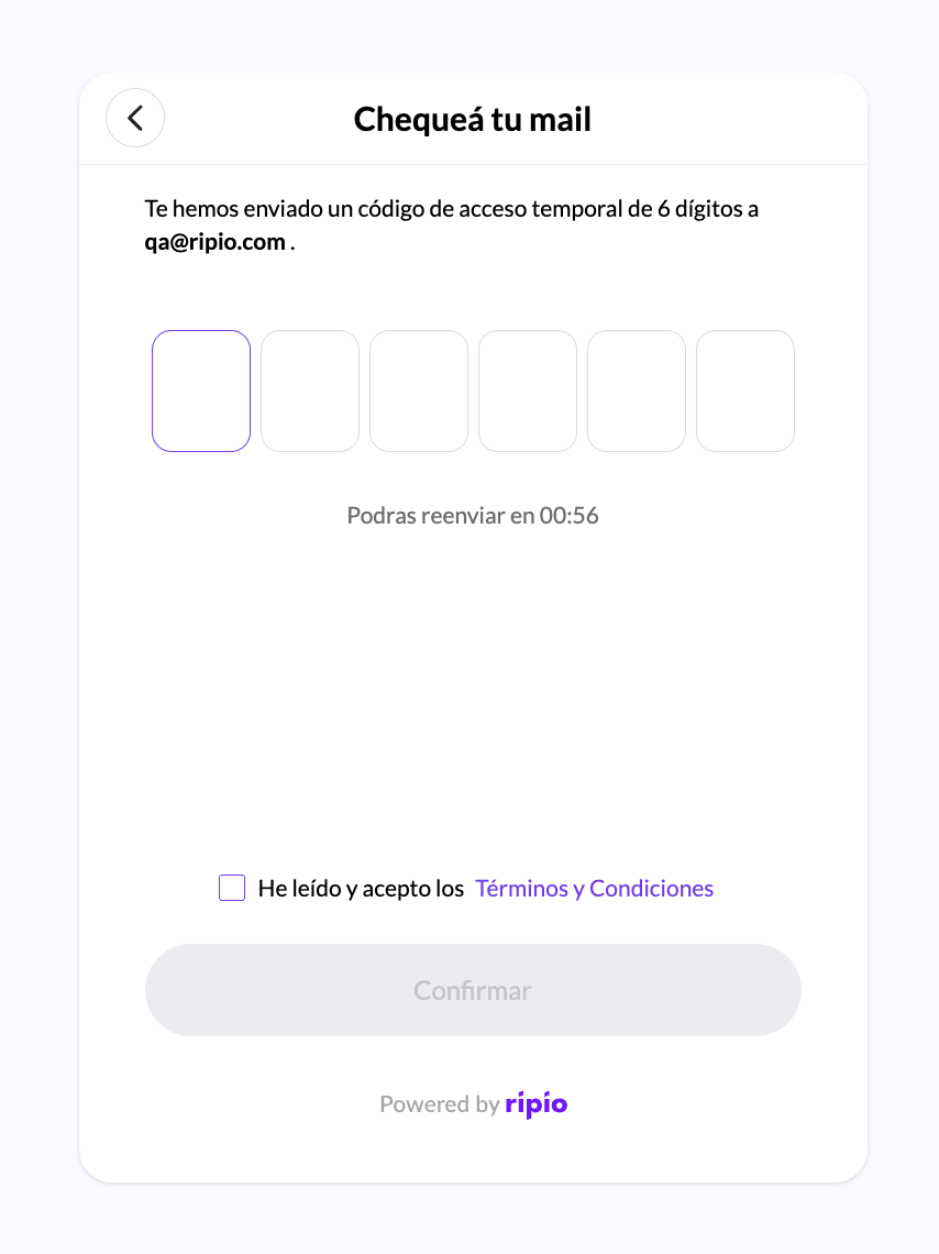 The code entry screen with the Terms & Conditions checkbox