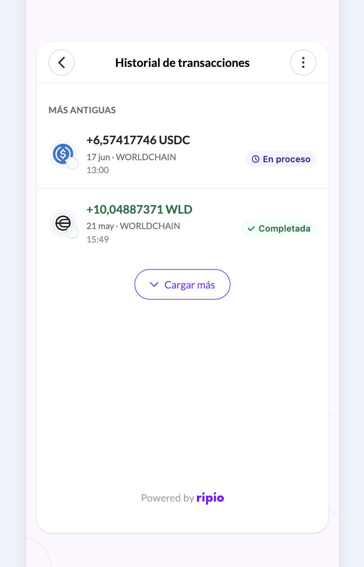 The transaction history listing operations in different states