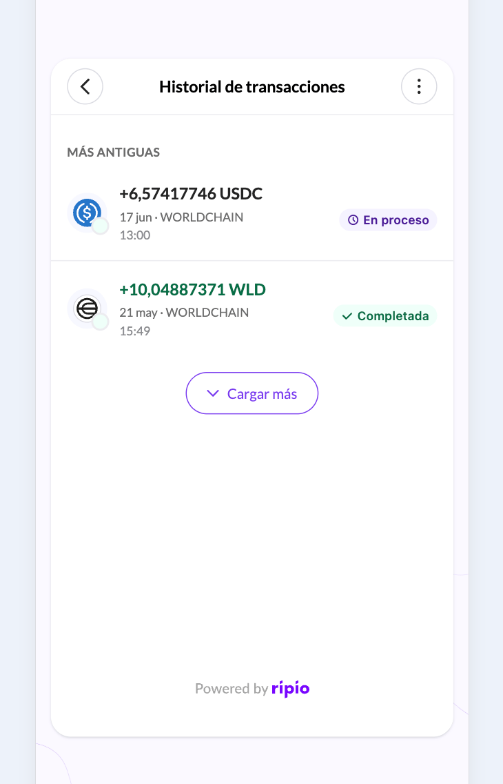 The transaction history listing operations in different states