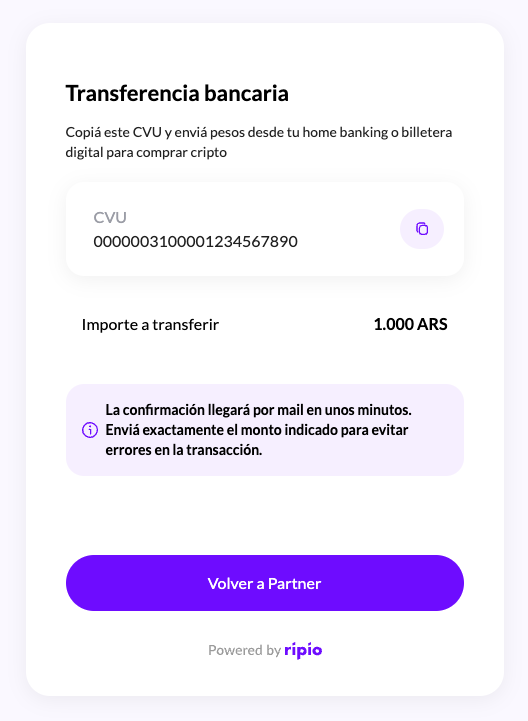 Final On Ramp screen with "Back to Partner" button