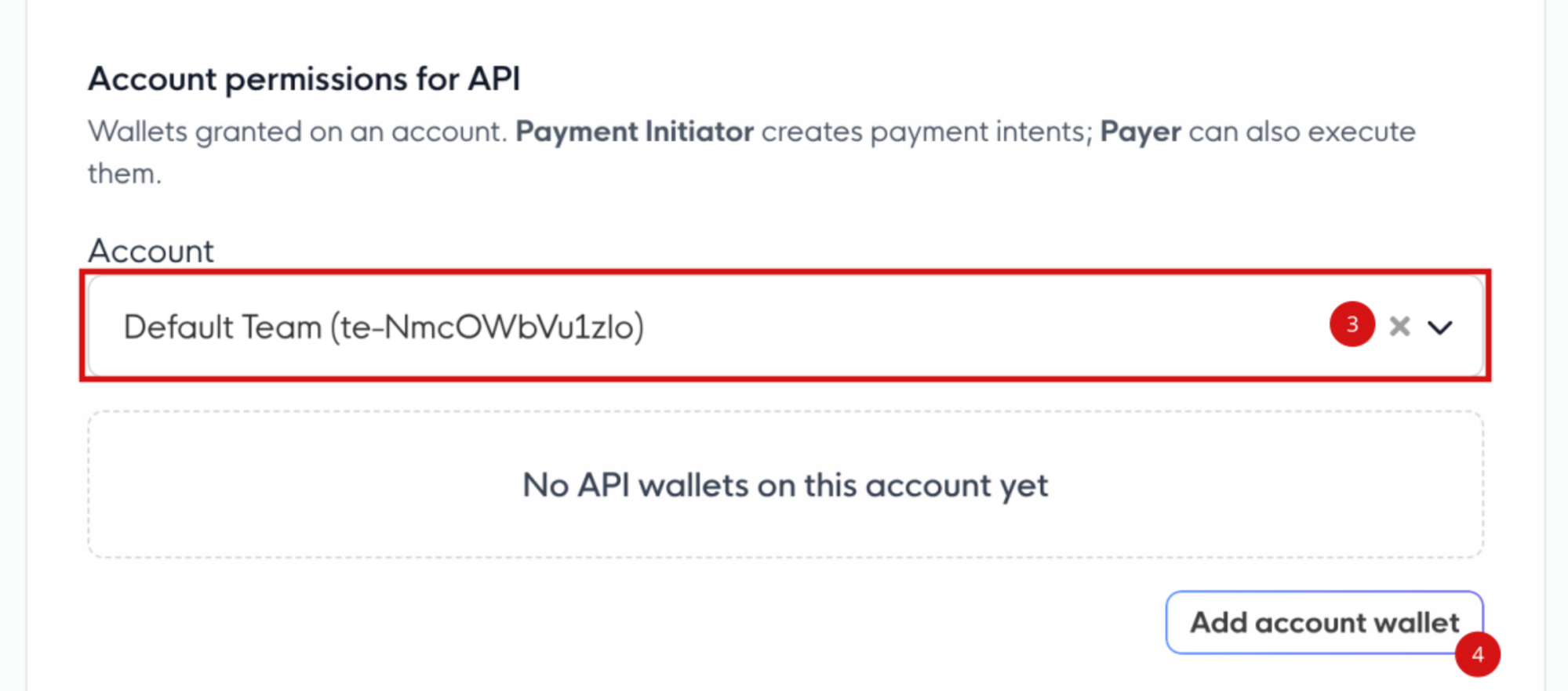 Account permissions for API: the account selector marked 3 and the Add account wallet button marked 4