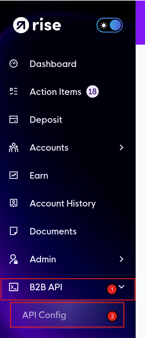 Left menu: the B2B API item marked 1 and the API Config item marked 2