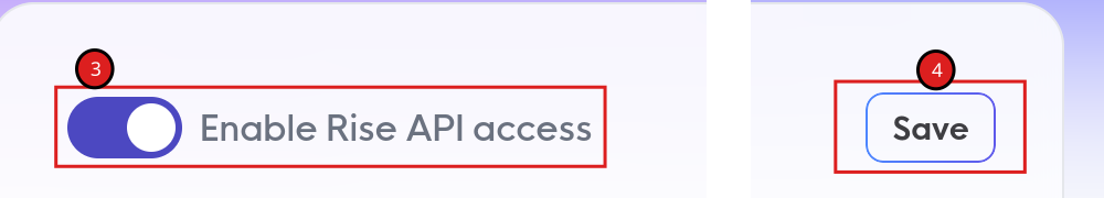 API Config page: the Enable Rise API access toggle marked 3 and the Save button marked 4