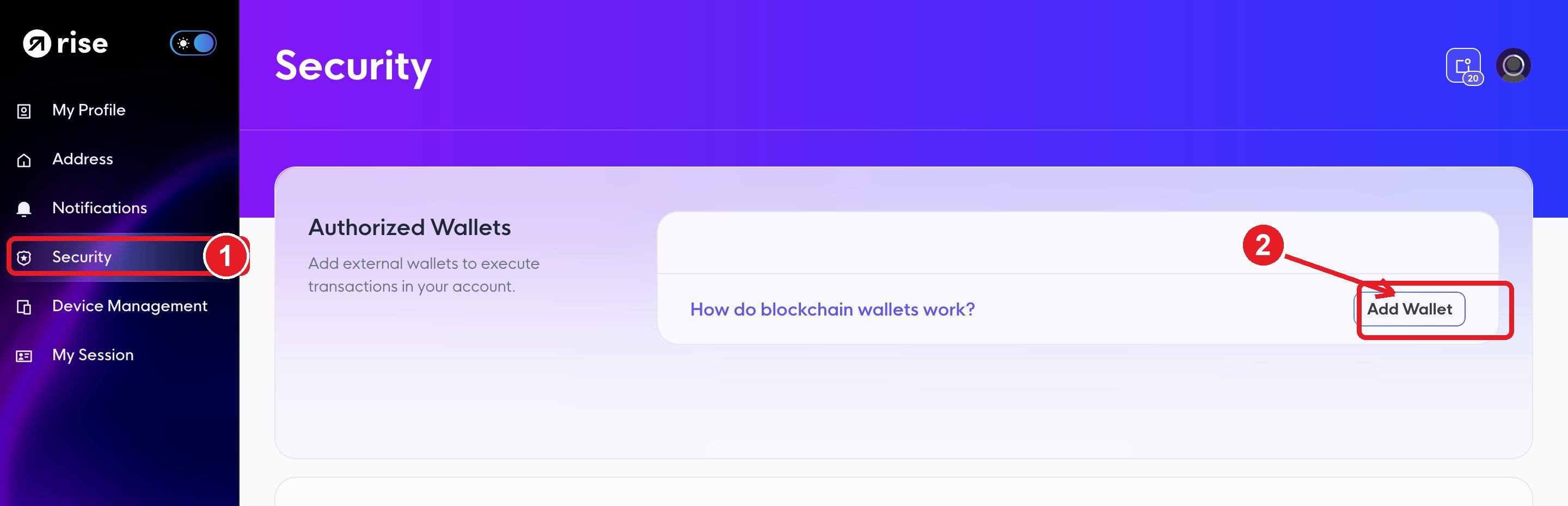 Security page: the left-menu Security item marked 1 and an arrow to the Add Wallet button marked 2