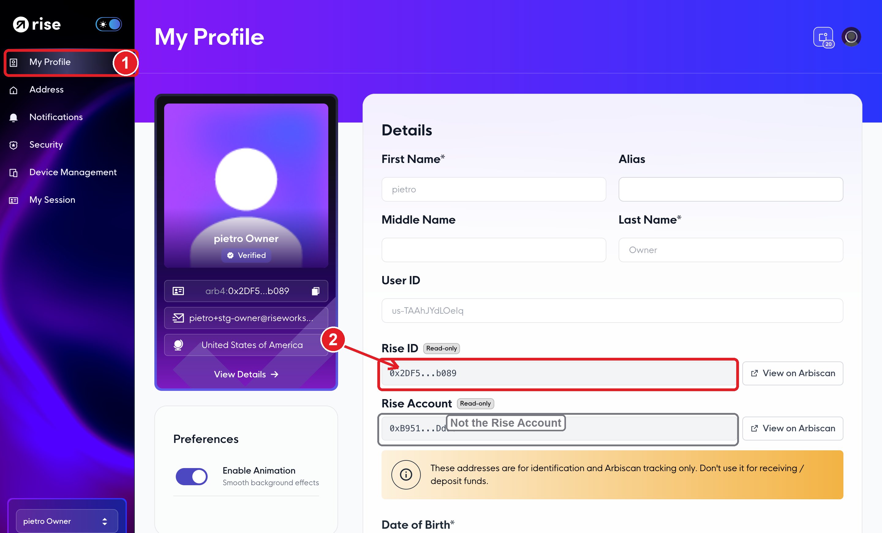 My Profile page: the left-menu My Profile item marked 1, an arrow to the Rise ID field marked 2, and the Rise Account field marked not this