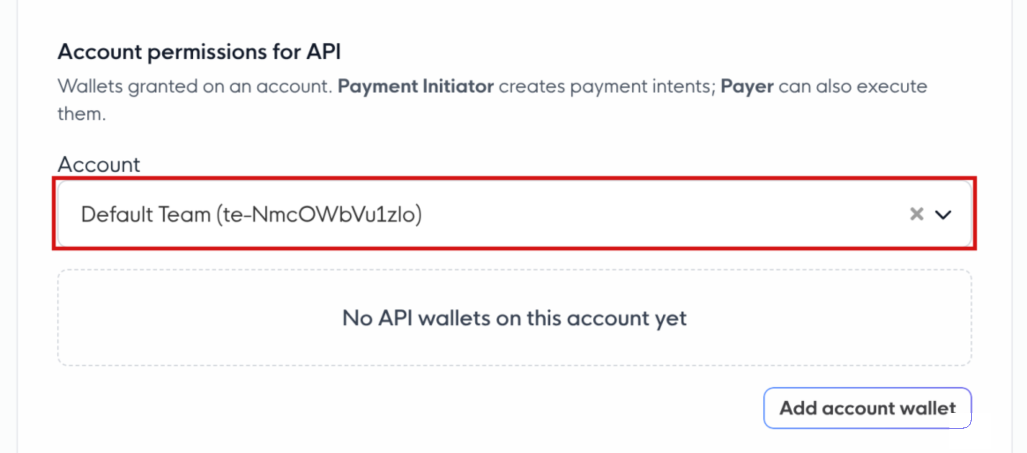 Account permissions for API: the account selector and the Add account wallet button, each outlined in red