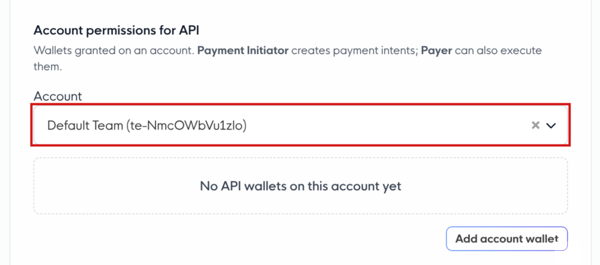 Account permissions for API: the account selector and the Add account wallet button, each outlined in red