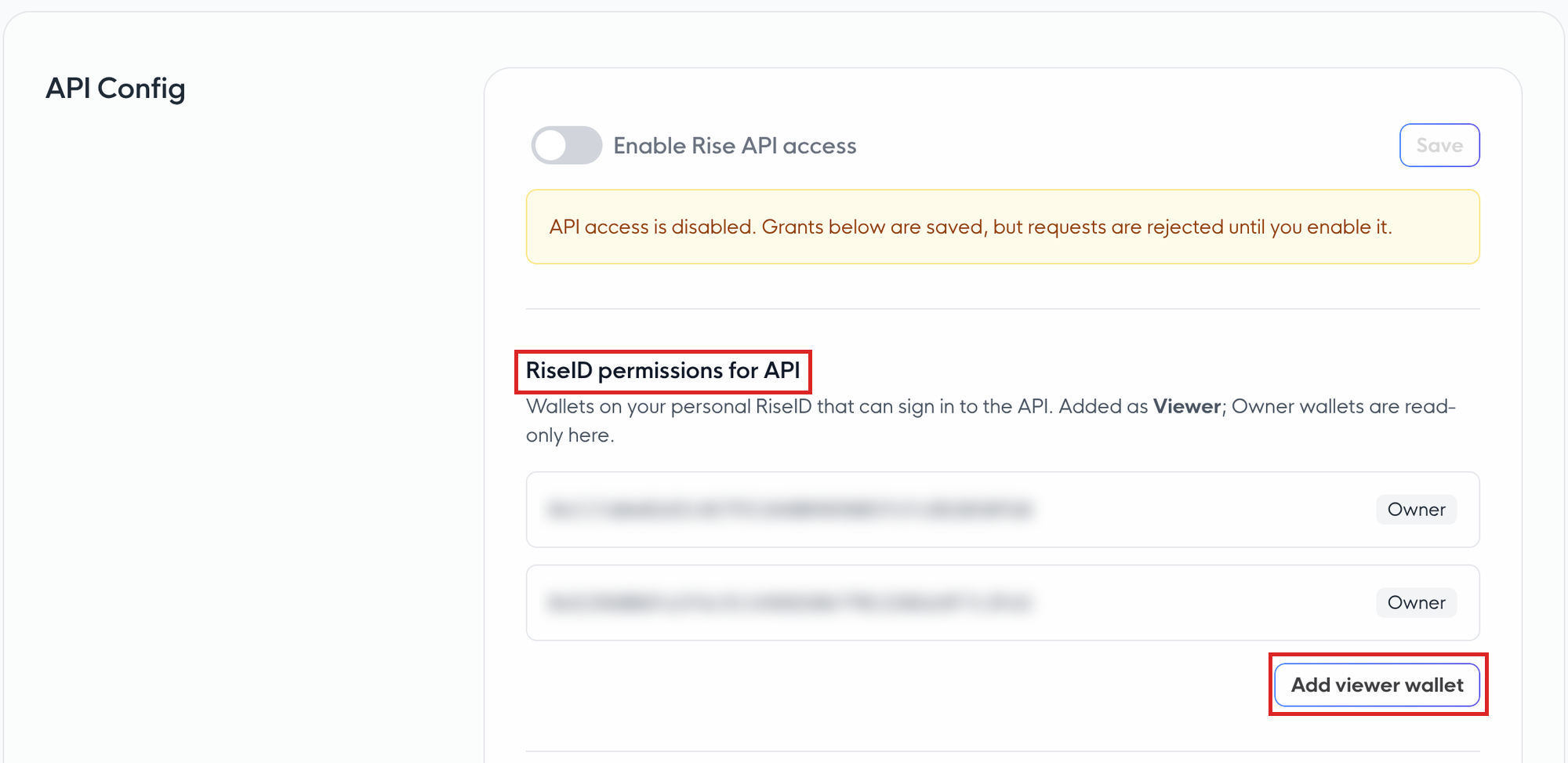 API Config page with the RiseID permissions for API section and the Add viewer wallet button highlighted